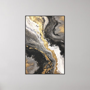 Art mural abstrait flux noir, blanc et or