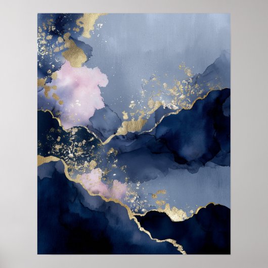 Art mural abstrait moderne bleu marine or (Devant)