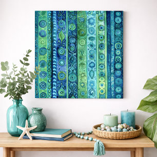 Art mural aquarelle à rayures boho bleu vert