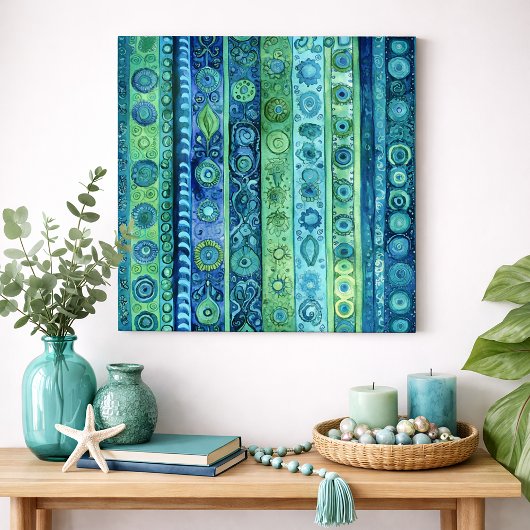 Art mural aquarelle à rayures boho bleu vert