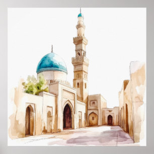 Art mural aquarelle du dôme bleu et du minaret mar