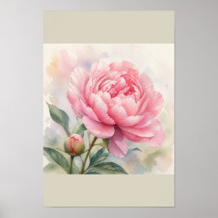 Art mural botanique à l'aquarelle de pivoine rose