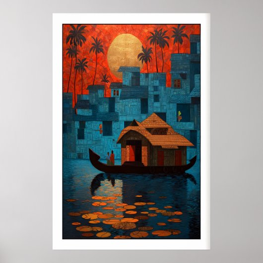 Art mural de bateau-maison Kerala Coucher de solei (Devant)
