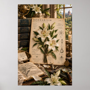 Art mural de bibliothèque Herbier Lily blanche vin
