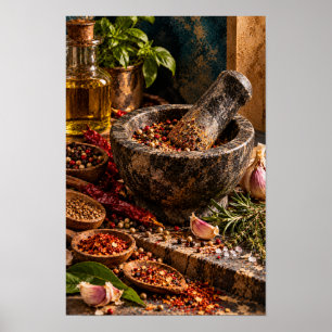 Art mural de cuisine aux épices avec mortier et pi