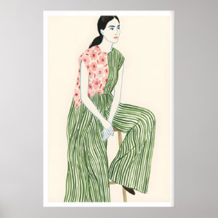 Art mural de mode Femme assise calme - Rayures ver