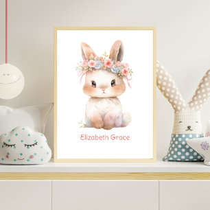 Art mural de nurserie lapin bébé floral rose monog