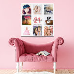 Art Mural En Acrylique 21e anniversaire photo collage femme blanc<br><div class="desc">Un cadeau pour le 21ème anniversaire d'une femme,  célébrant sa vie avec un collage de 8 de vos photos. Modèles pour un nom,  21 ans et une date. Date de naissance ou date d'anniversaire. Corail et lettres bordeaux. Arrière - plan blanc.</div>
