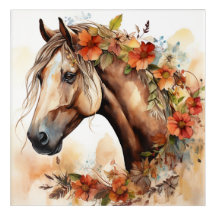 Beau Cheval aux jolies fleurs Aquarelle