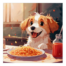 Chien mangeant spaghetti