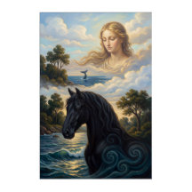 Femme Mystique & Cheval Noir - Œuvre d'Art Murale