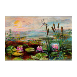 Art Mural En Acrylique Magique Wetland Sunrise cattails et libellules