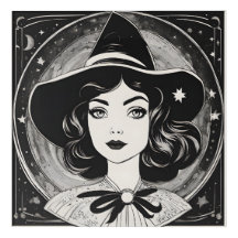 Portrait de sorcière vintage noir et blanc rétro