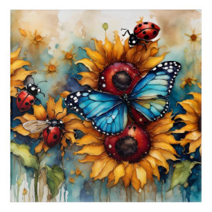 Art Mural En Acrylique Tournesols, coccinelles et papillons