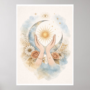 Art mural esthétique mains soleil lune céleste