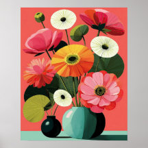 Art mural floral de milieu de siècle corail