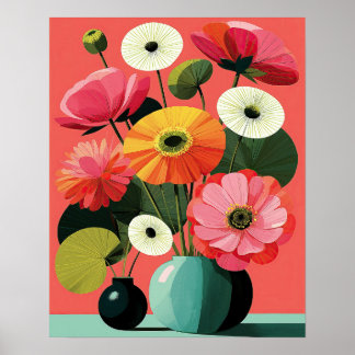 Art mural floral de milieu de siècle corail