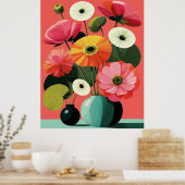 Art mural floral de milieu de siècle corail (Cuisine)