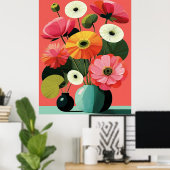 Art mural floral de milieu de siècle corail (Bureau à domicile)