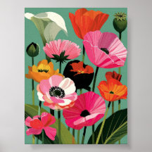 Art mural floral Poppy Modern du milieu du XXe siè