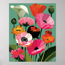 Art mural floral Poppy moderne du milieu du siècle
