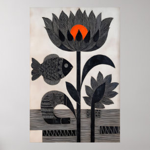 Art mural graphique de poisson lotus avec des form