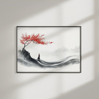 Art mural minimaliste Zen à l'encre d'érable rouge