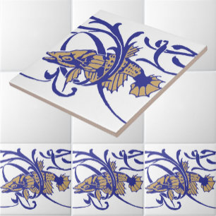 Art Nouveau 1905 Vis en zeewier Frieze Patroon Tegeltje