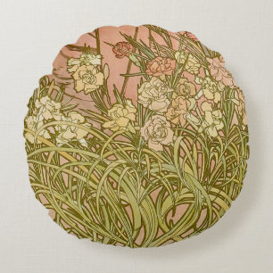 Art Nouveau Alfonse Mucha Bloem anjer bloemen Rond Kussen