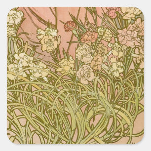 Art Nouveau Alfonse Mucha Bloem anjer bloemen Vierkante Sticker