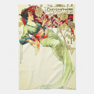Art nouveau Alphonse Mucha Chrysanthemum herfst Theedoek