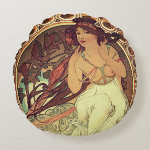 Art nouveau Alphonse Mucha elegante  vrouw Rond Kussen