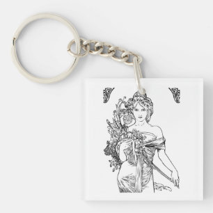 Art nouveau Alphonse Mucha, vrouw met bloemen Sleutelhanger