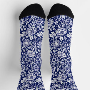 Art Nouveau Anjer Damast, Marineblauw en Wit Sokken
