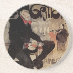 Art Nouveau-antiek Le Grillon, Man die bier drinkt Zandsteen Onderzetter