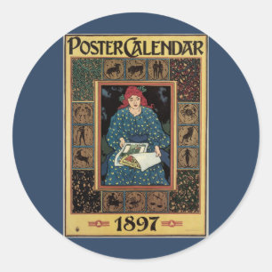 Art Nouveau-antiek, vrouw leest astrologieboek Ronde Sticker