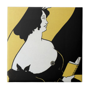 Art Nouveau antiek, vrouw leest een geel boek Tegeltje