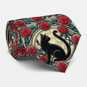Art Nouveau Art Deco Zwarte Kat met Rode Rozen Stropdas