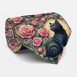 Art Nouveau Art Deco Zwarte Kat met Roze Rozen Stropdas
