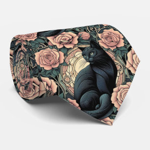 Art Nouveau Art Deco Zwarte Kat met Roze Rozen Stropdas