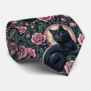 Art Nouveau Art Deco Zwarte Kat met Roze Rozen Stropdas