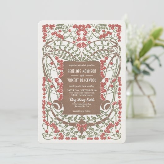 Art Nouveau August Berries Huwelijk Elegantie Kaart (Staand voorkant)