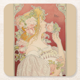 Art Nouveau Belle Époque Damesrozen Livemont Vierkante Kartonnen Onderzetter