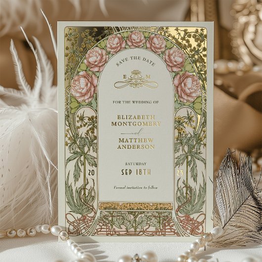 Art Nouveau Bewaar de datum Bruiloft Gouden Folie Folie Uitnodiging