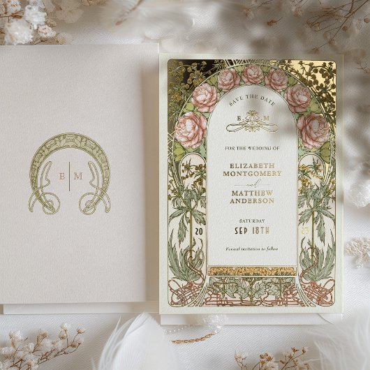 Art Nouveau Bewaar de datum Bruiloft Gouden Folie Folie Uitnodiging