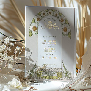Art Nouveau Bewaar de datum Bruiloft Gouden Folie Uitnodiging