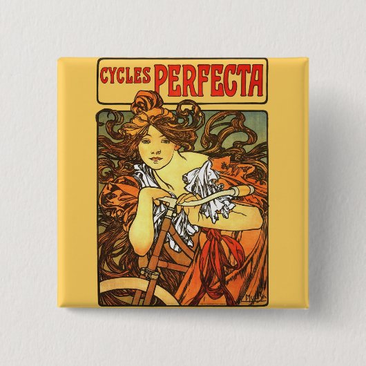 Art Nouveau Bicycle Mucha Art Vierkante Button 5,1 Cm (Voorkant)