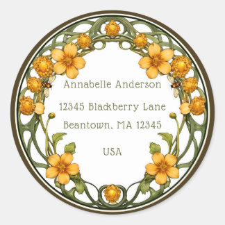 Art Nouveau Bijen en Bloemen Adreslabel Ronde Sticker