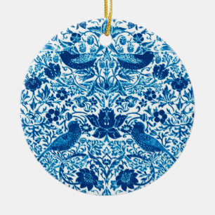 Art Nouveau Bird and Flower Tapestry, Blue & White Keramisch Ornament