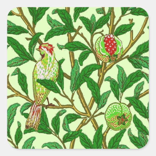 Art Nouveau Bird and Pomegranate, Lime Green Vierkante Sticker (Voorkant)